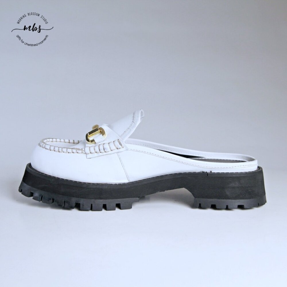 Nasty Gal Leather Chunky Backless Loafers White Gold Women UK 8 EU‎ 41 US 10 - Picture 8 of 15